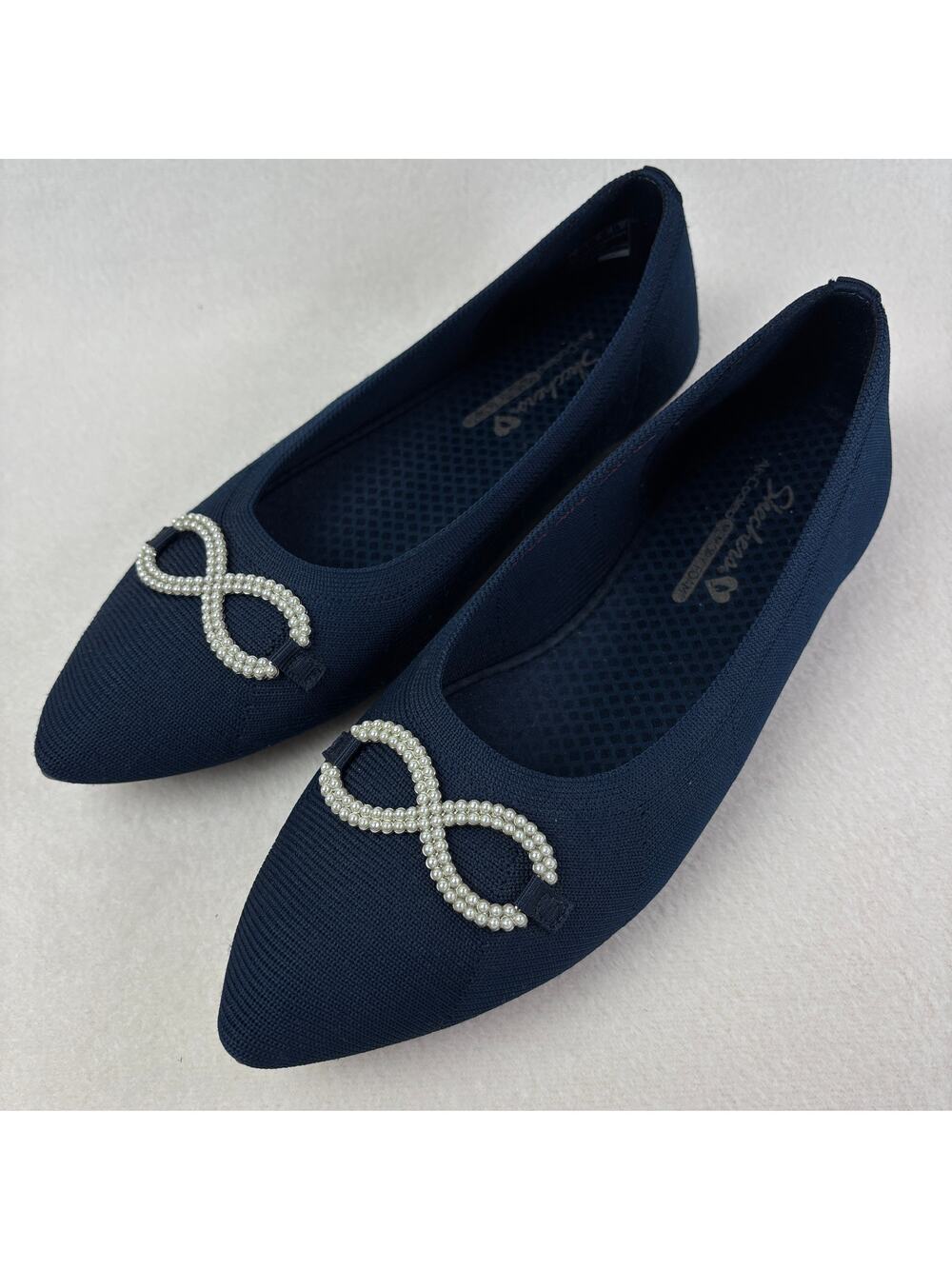 Skechers Cleo Point Recycled Knit Pearl Bow Skimmers Navy Slip On Comfort Size 8